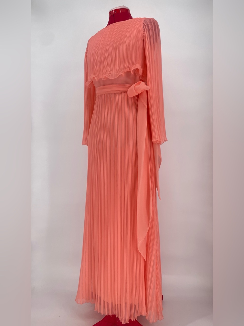 60s 70s Coral Accordion Pleated Maxi Length Flared Long Sleeve Formal Dress